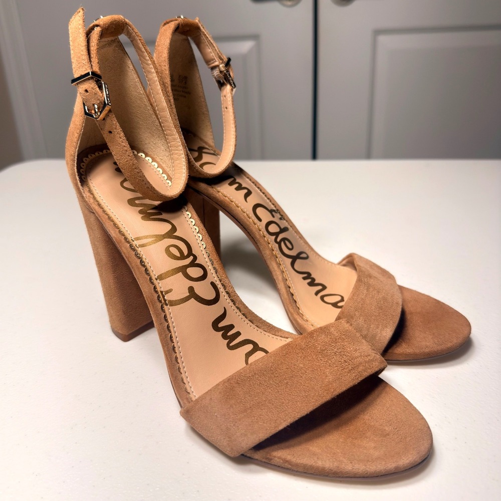 Sam Edelman Suede Block Heel Sandals Tan Ankle Strap Open Toe Womens 7.5